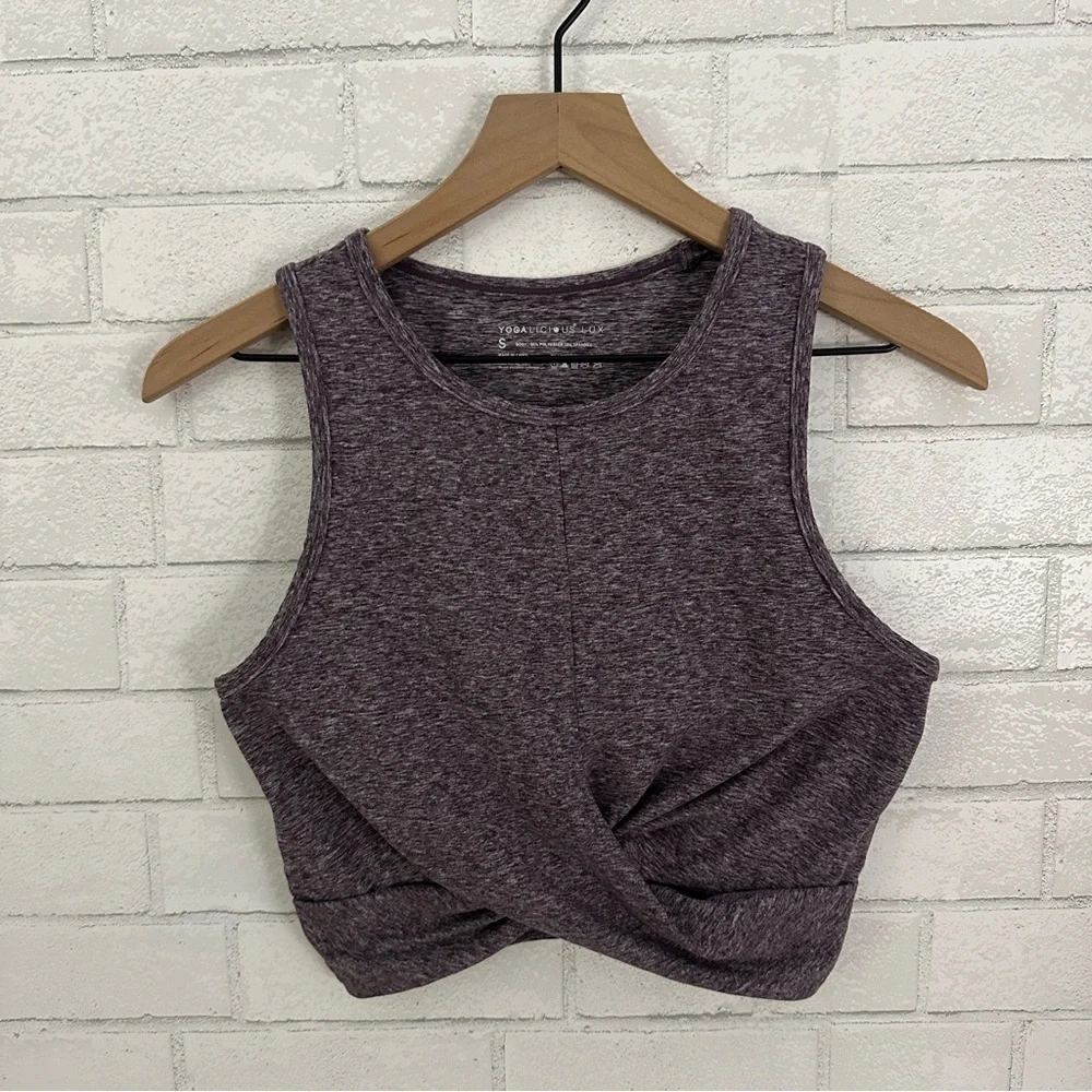YOGALICIOUS LUX Heathered Maroon Twisted Front Bra Crop Top - Picture 2 of 7